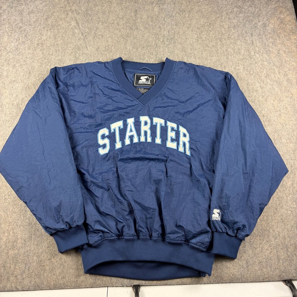 Starter Pullover Windbreaker Jacket Men Large Blue V Neck Athletic Logo Pullover